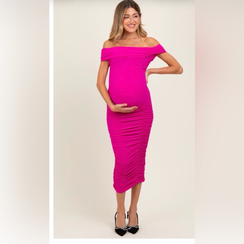 Fuchsia Off Shoulder Ruched Maternity Midi Dress -PinkBlush